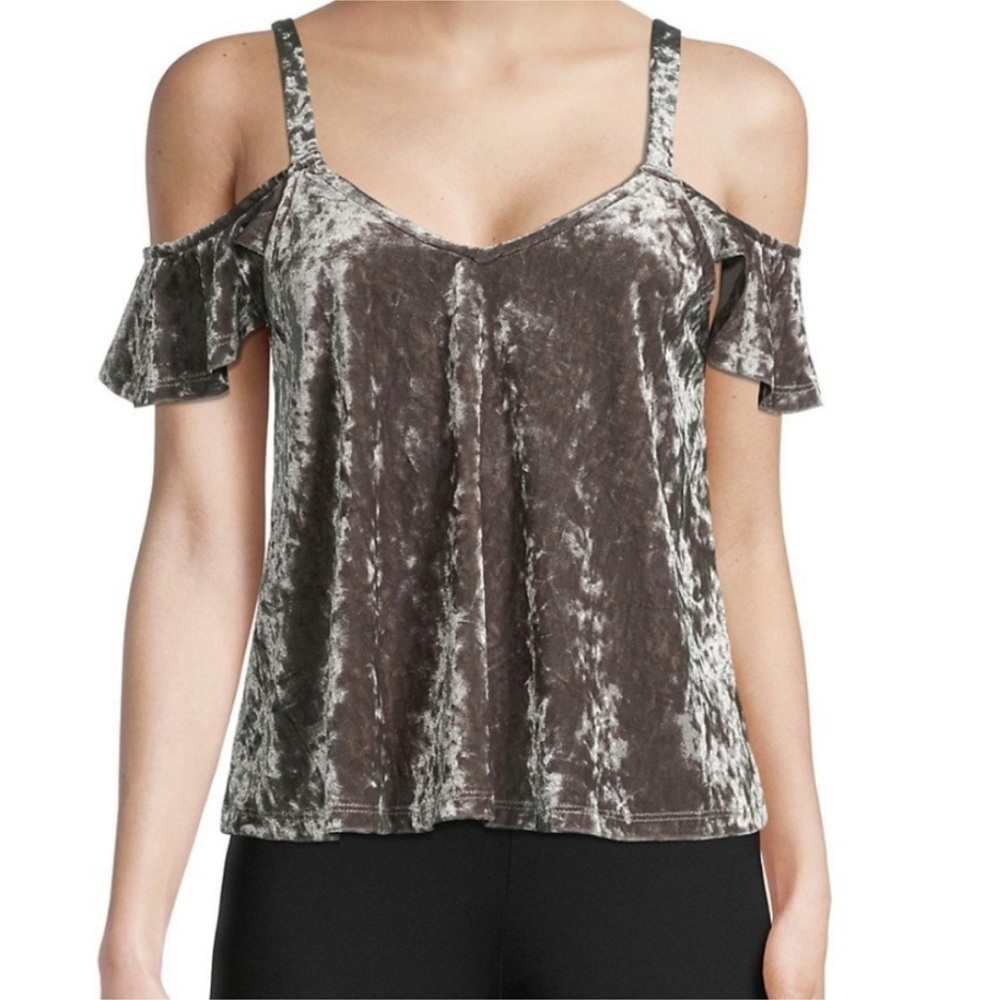 Bagatelle Crushed Velvet Cold Shoulder 90’s/Y2K Top in Silver/Gray Shimmer